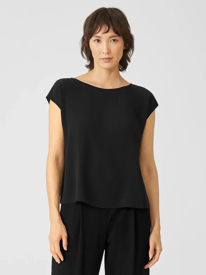 Shop Eileen Fisher Tops and Tees Silk Georgette Crepe ShirredBack Top Black