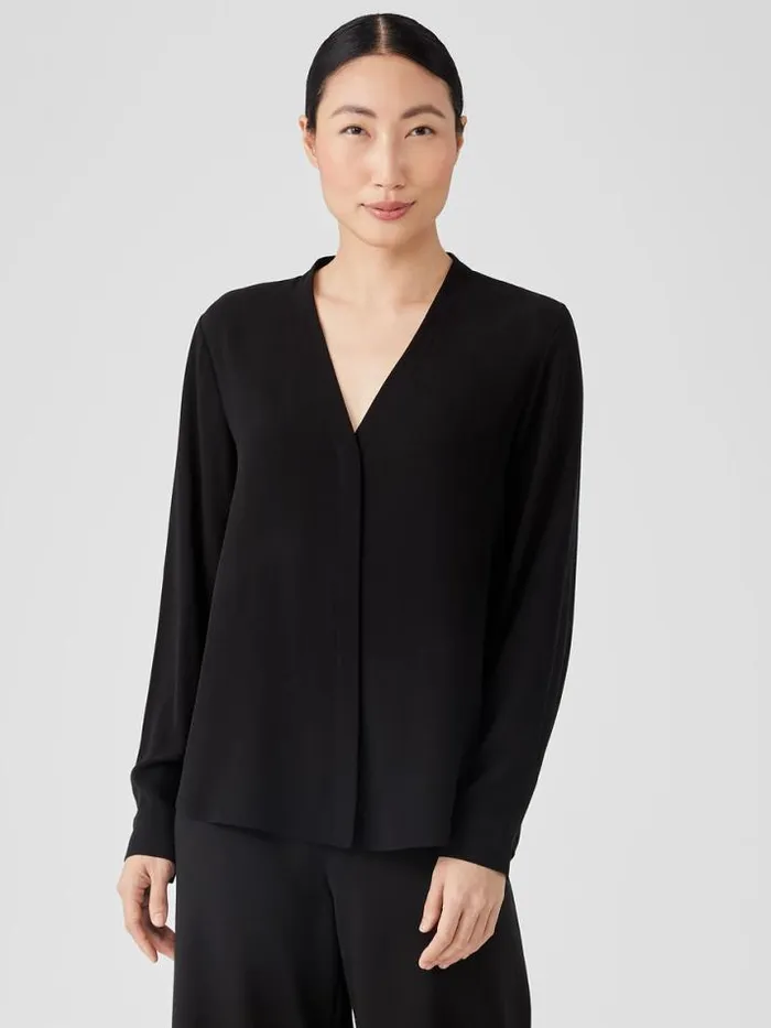 Shop Eileen Fisher Tops and Tees Silk Georgette Crepe VNeck Shirt Black
