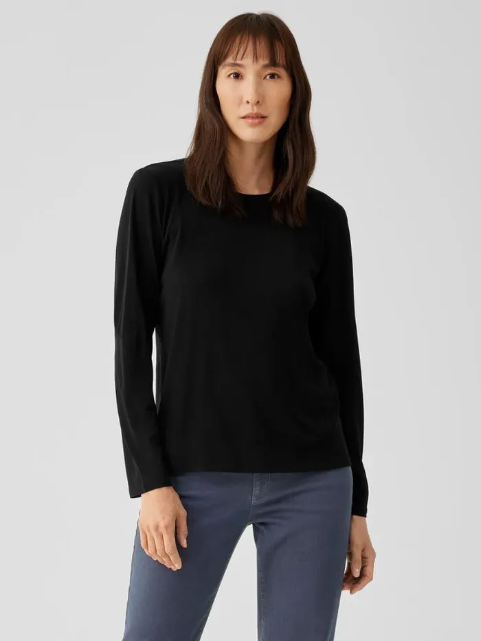 Shop Eileen Fisher Tops and Tees Stretch Silk Jersey Crew Neck Top Black