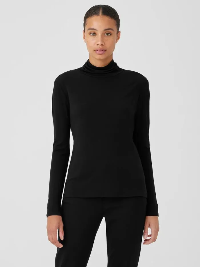 Shop Eileen Fisher Tops and Tees Stretch Silk Jersey Scrunch Neck Top Black
