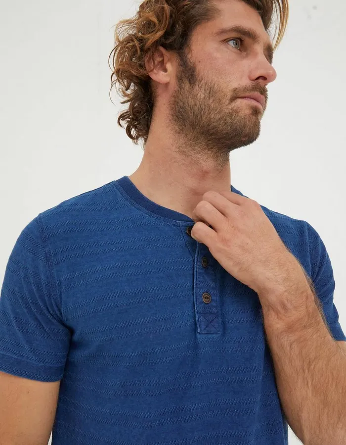 Short Sleeve Indigo Texture Henley Indigo Blue Men FatFace TShirts