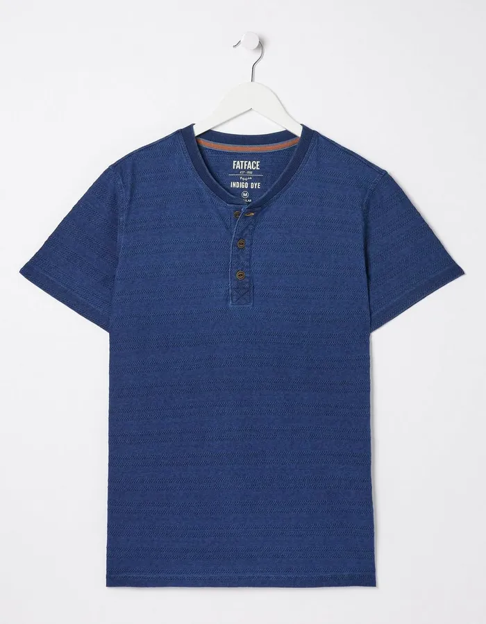 Short Sleeve Indigo Texture Henley Indigo Blue Men FatFace TShirts