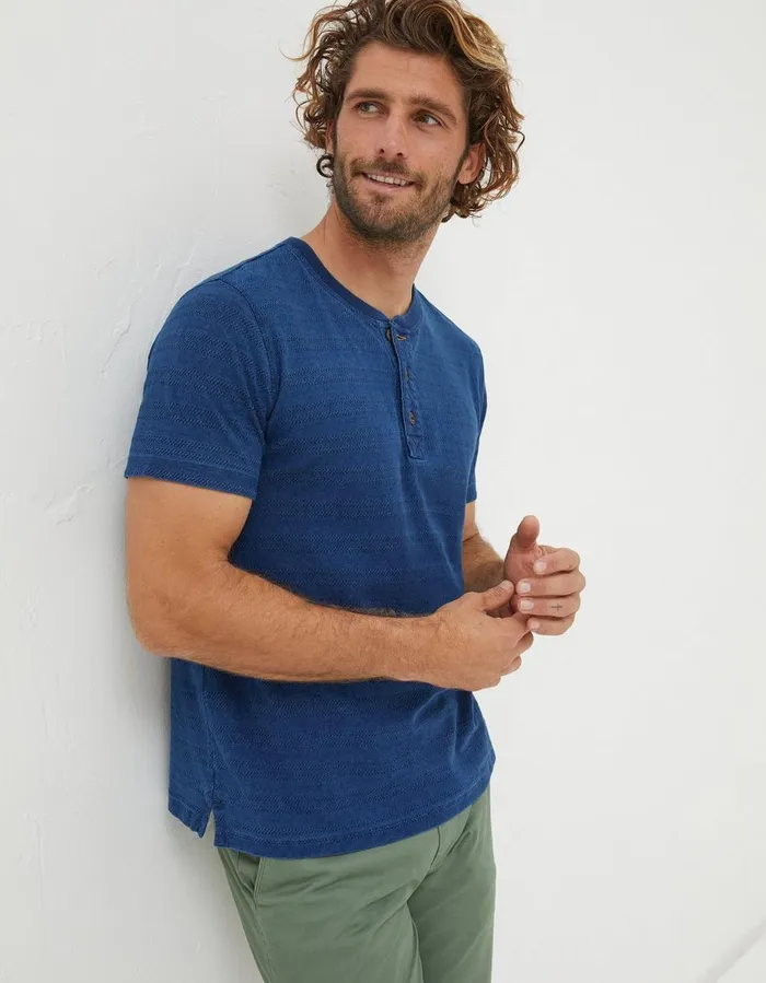 Short Sleeve Indigo Texture Henley Indigo Blue Men FatFace TShirts
