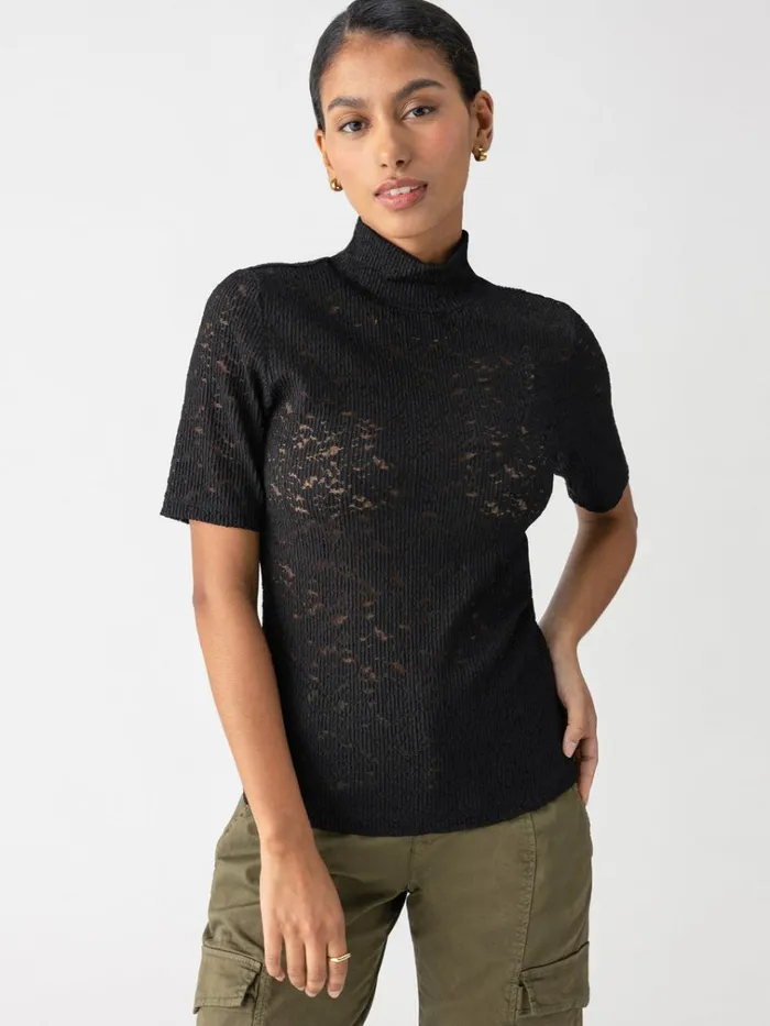 Short Sleeve Lace Mock Neck Tee Black Women Sanctuary Clothing Tees and Tops