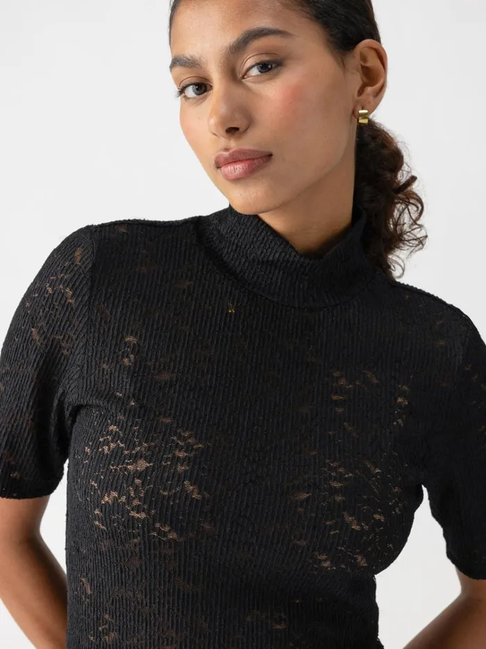 Short Sleeve Lace Mock Neck Tee Black Women Sanctuary Clothing Tees and Tops Short Sleeve Lace Mock Neck Tee Black Women Sanctuary Clothing Tees and Tops