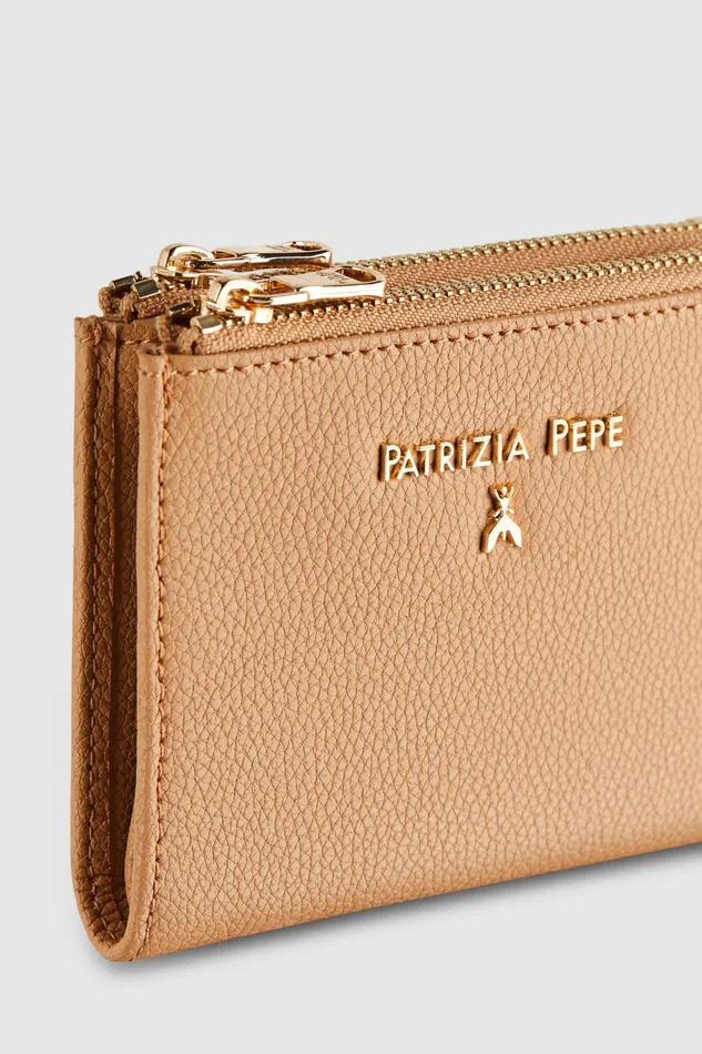 Small Leather Goods Women Patrizia Pepe Leather Wallet With Zipper Pompei Beige