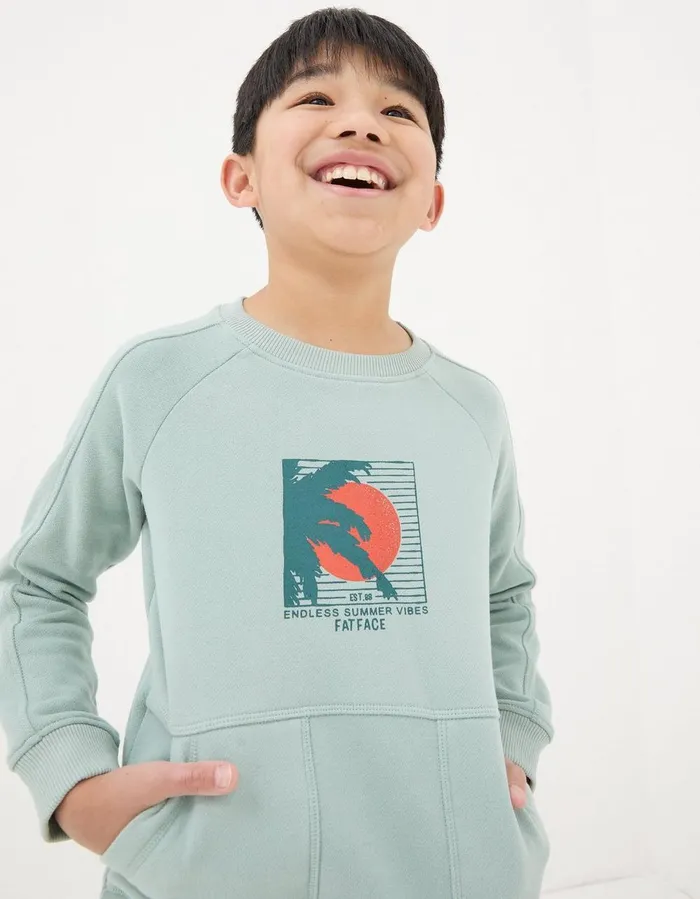 Surf Graphic Crew Sweatshirt Sage Green Boys FatFace Sweatshirts and Hoodies