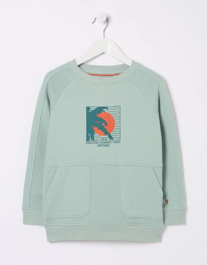 Surf Graphic Crew Sweatshirt Sage Green Boys FatFace Sweatshirts and Hoodies