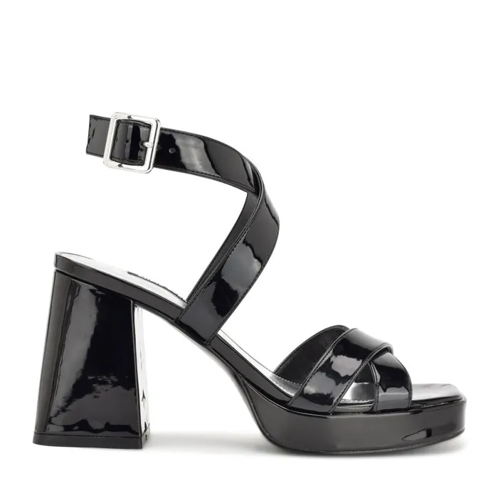 Tackle Ankle Strap Platform Sandals Black Patent Women Nine West Sandals