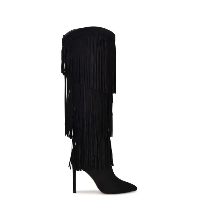 Tasels Heeled Boots Black Suede Women Nine West Boots and Booties