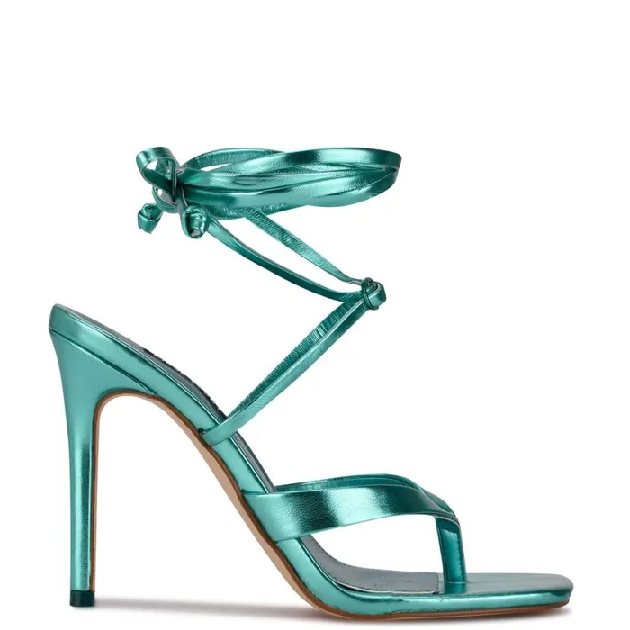 Terrie Ankle Wrap Heeled Sandals Turquoise Metallic Women Nine West Heels