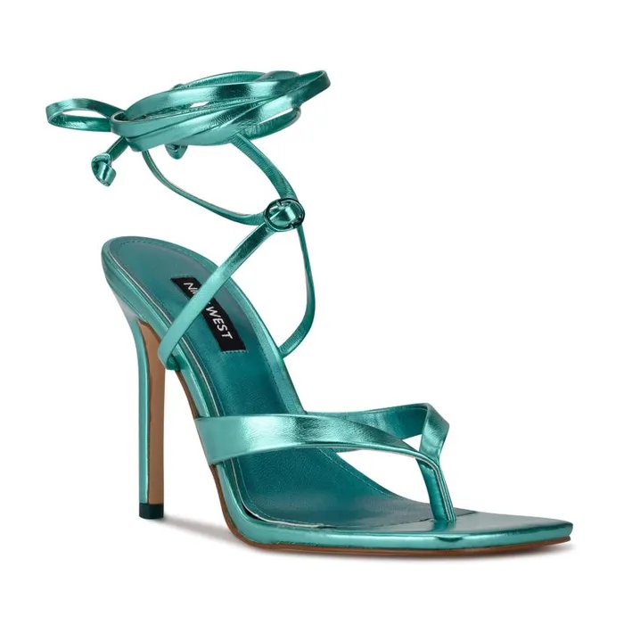 Terrie Ankle Wrap Heeled Sandals Turquoise Metallic Women Nine West Heels