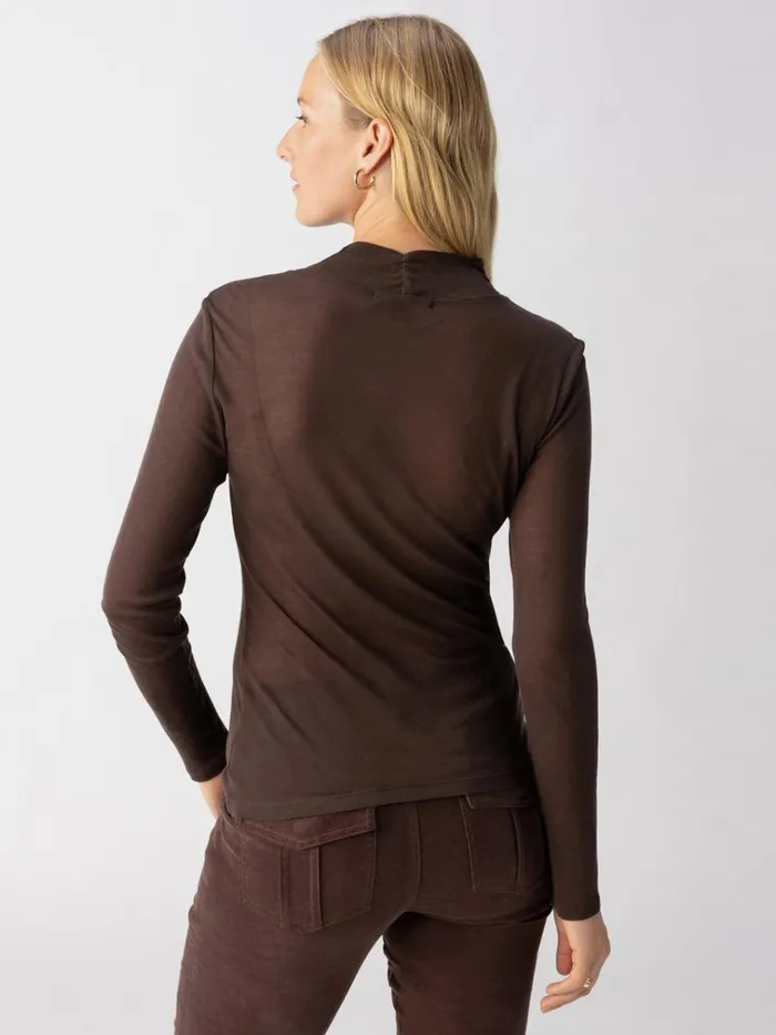 The Semi Sheer Long Sleeve Mock Neck Top Coffee Women Sanctuary Clothing Tees and Tops