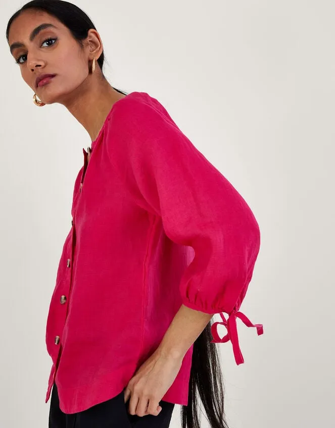 Tie Cuff Button Through Linen Blouse Pink Women Monsoon Tops and Blouses