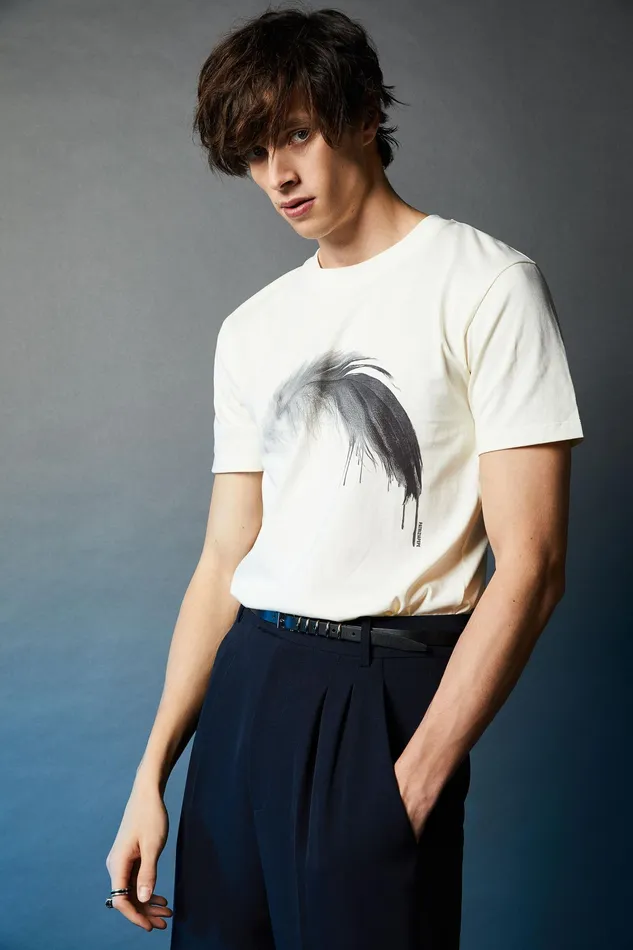 Tops and Shirts Men Patrizia Pepe Cotton TShirt With Feather Print Bianco Ottico