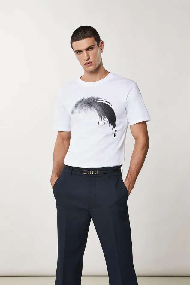 Tops and Shirts Men Patrizia Pepe Cotton TShirt With Feather Print Bianco Ottico