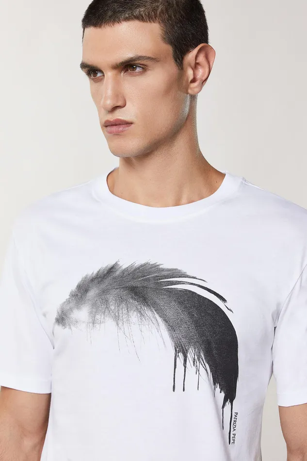 Tops and Shirts Men Patrizia Pepe Cotton TShirt With Feather Print Bianco Ottico