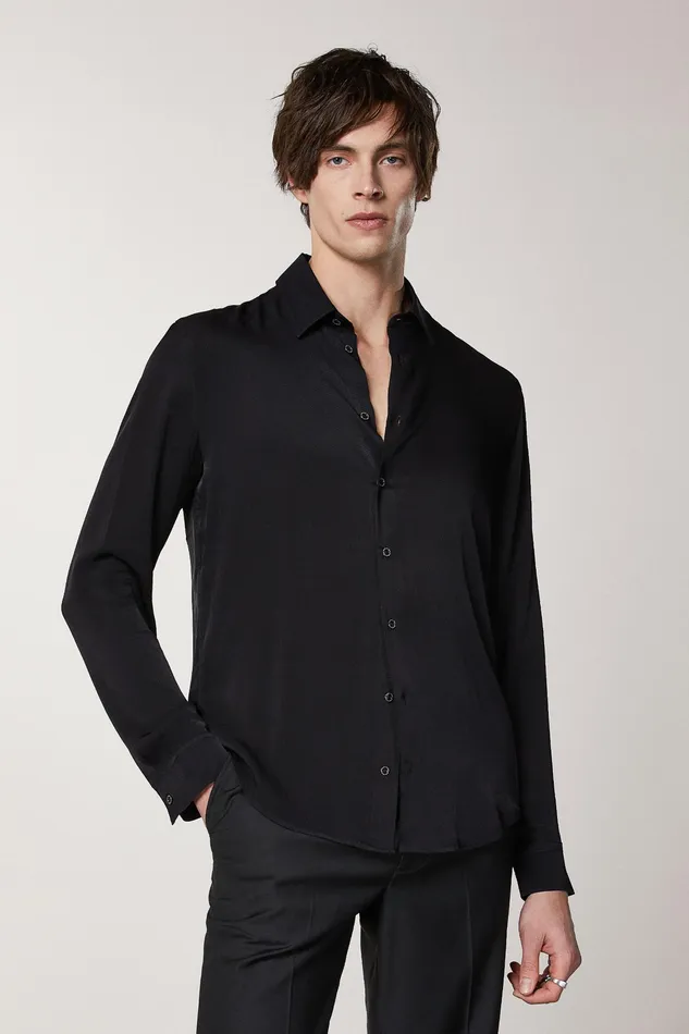 Tops and Shirts Men Patrizia Pepe SolidColored Shirt In Viscose Twill Nero Vinile