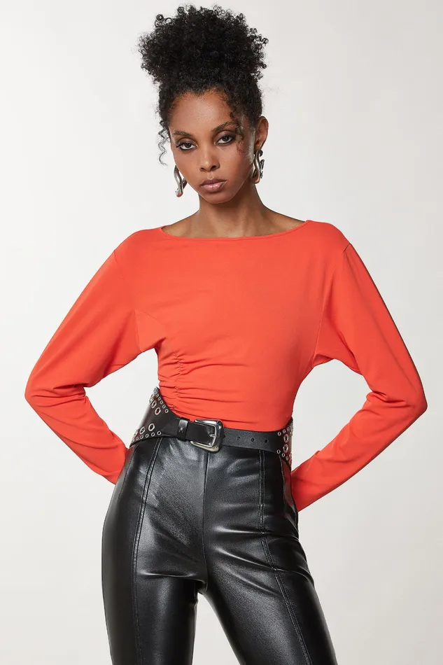 Tops Women Patrizia Pepe Gathered Sweater With CutOut Intense Orange