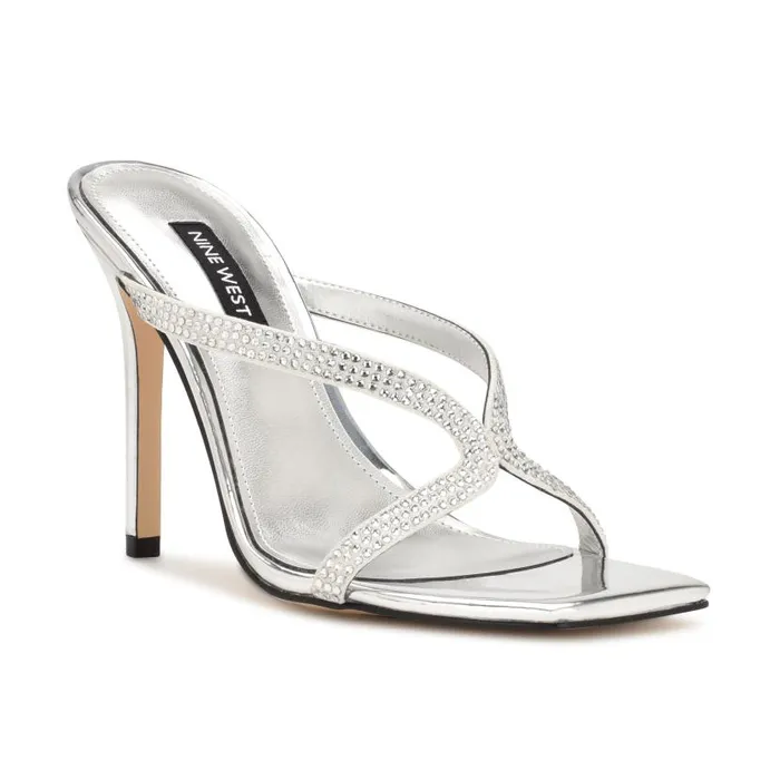 Twist Heeled Slide Sandals Silver Metallic Women Nine West Sandals