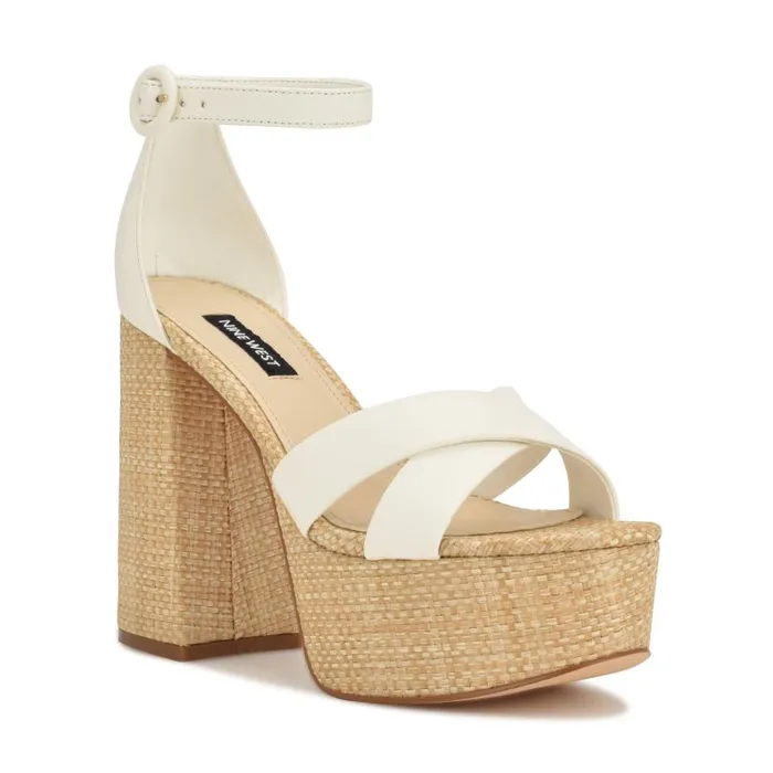 Willie Platform Sandals White Raffia Women Nine West Heels