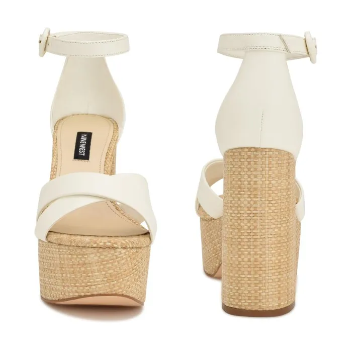 Willie Platform Sandals White Raffia Women Nine West Heels