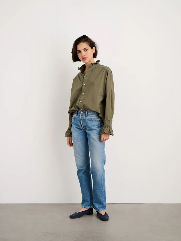 Women Alex Mill Shirts Tops Easy Ruffle Shirt In Paper Poplin Dusty Olive