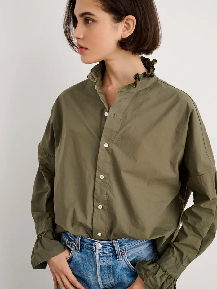 Women Alex Mill Shirts Tops Easy Ruffle Shirt In Paper Poplin Dusty Olive