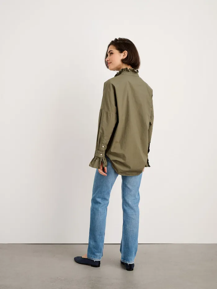 Women Alex Mill Shirts Tops Easy Ruffle Shirt In Paper Poplin Dusty Olive