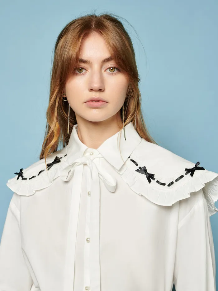 Women Bonnie Bow Collar Shirt Pearled Ivory Sister Jane Tops