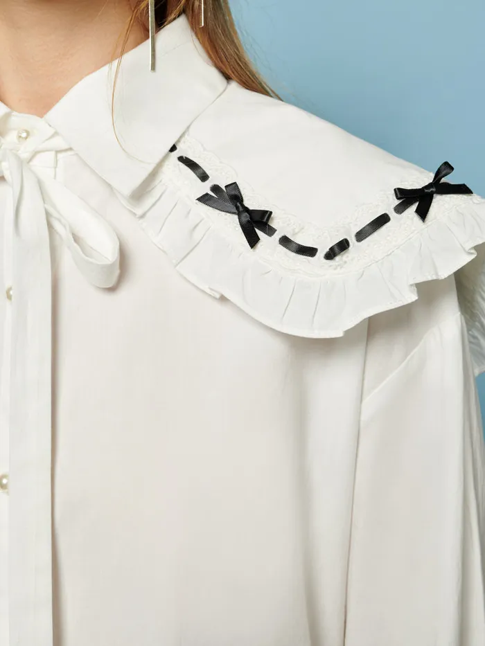 Women Bonnie Bow Collar Shirt Pearled Ivory Sister Jane Tops