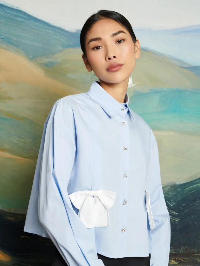 Women DREAM Blue Eyes Bow Shirt Baby Blue Sister Jane Tops