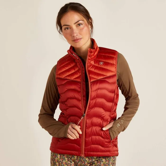 Women English Riding Ariat Ideal Down Vest Iridescent Red Ochreburnt Bri