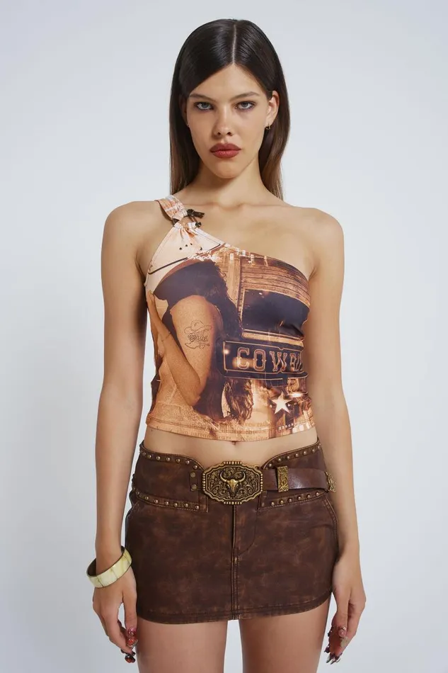 Women Jaded London Crop Tops Yeehaw One Shoulder Asymmetric Buckle Top