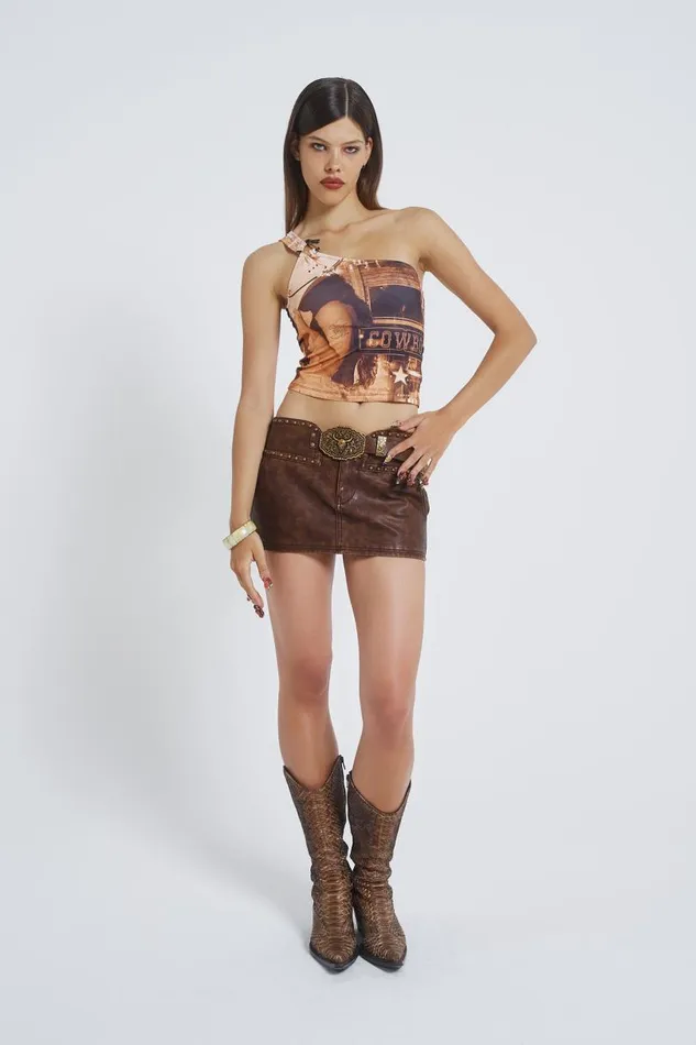 Women Jaded London Crop Tops Yeehaw One Shoulder Asymmetric Buckle Top