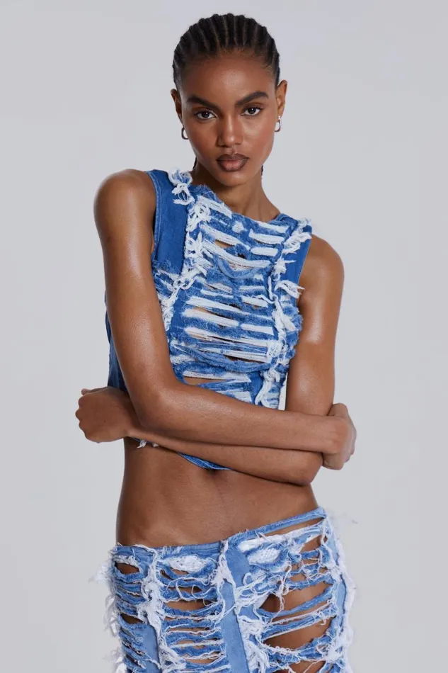 Women Jaded London Knitwear Shredded Denim High Neck Top