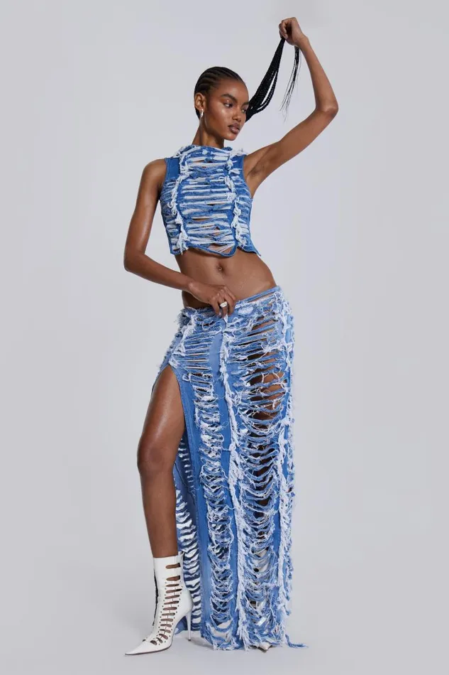 Women Jaded London Knitwear Shredded Denim High Neck Top