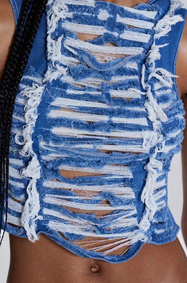 Women Jaded London Knitwear Shredded Denim High Neck Top