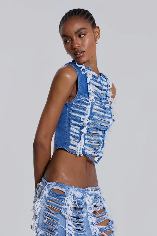Women Jaded London Knitwear Shredded Denim High Neck Top