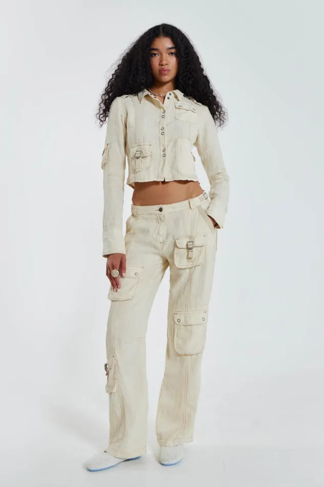 Women Jaded London Long Sleeve Tops Santal Linen Cargo Shirt
