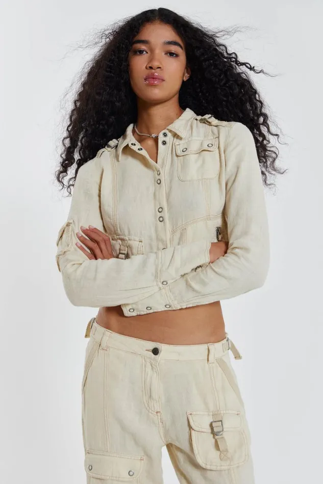 Women Jaded London Long Sleeve Tops Santal Linen Cargo Shirt