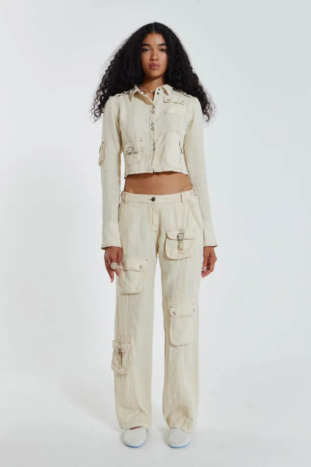 Women Jaded London Long Sleeve Tops Santal Linen Cargo Shirt