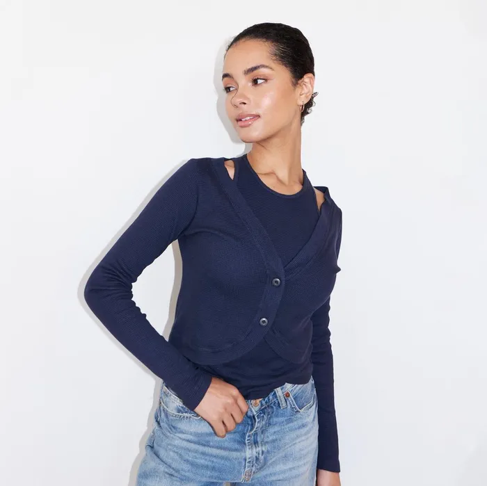 Women Long Sleeve MONROW Baby Thermal Double Layer Cardi Top Neptune