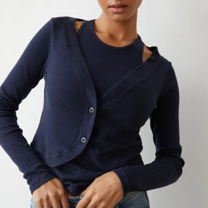 Women Long Sleeve MONROW Baby Thermal Double Layer Cardi Top Neptune