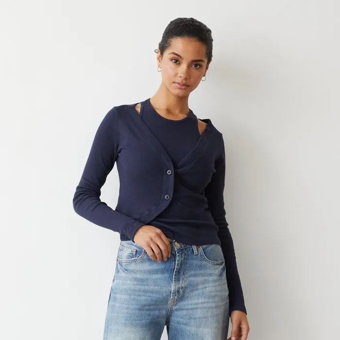 Women Long Sleeve MONROW Baby Thermal Double Layer Cardi Top Neptune