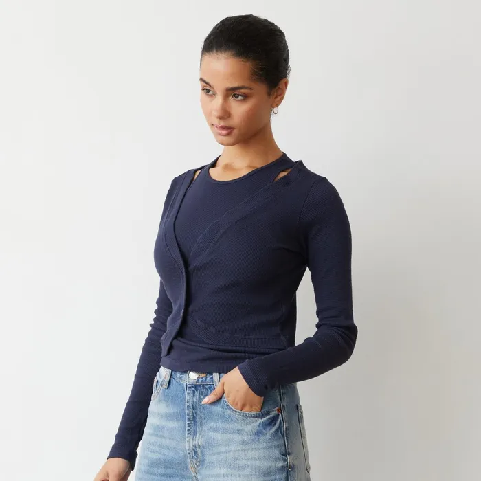 Women Long Sleeve MONROW Baby Thermal Double Layer Cardi Top Neptune