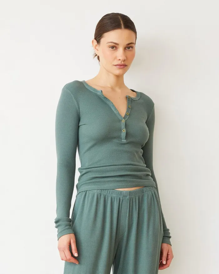 Women Long Sleeve MONROW Baby Thermal Henley Cactus