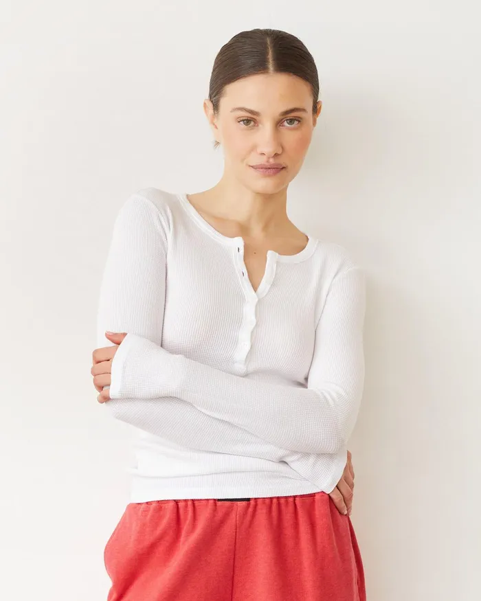 Women Long Sleeve MONROW Baby Thermal Henley White