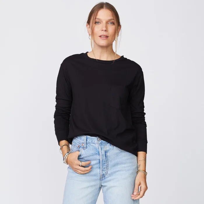 Women Long Sleeve MONROW Long Sleeve ExBoyfriend Pocket Crew Black