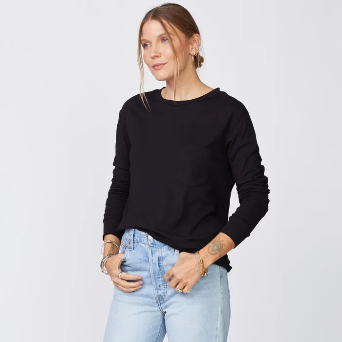 Women Long Sleeve MONROW Long Sleeve ExBoyfriend Pocket Crew Black